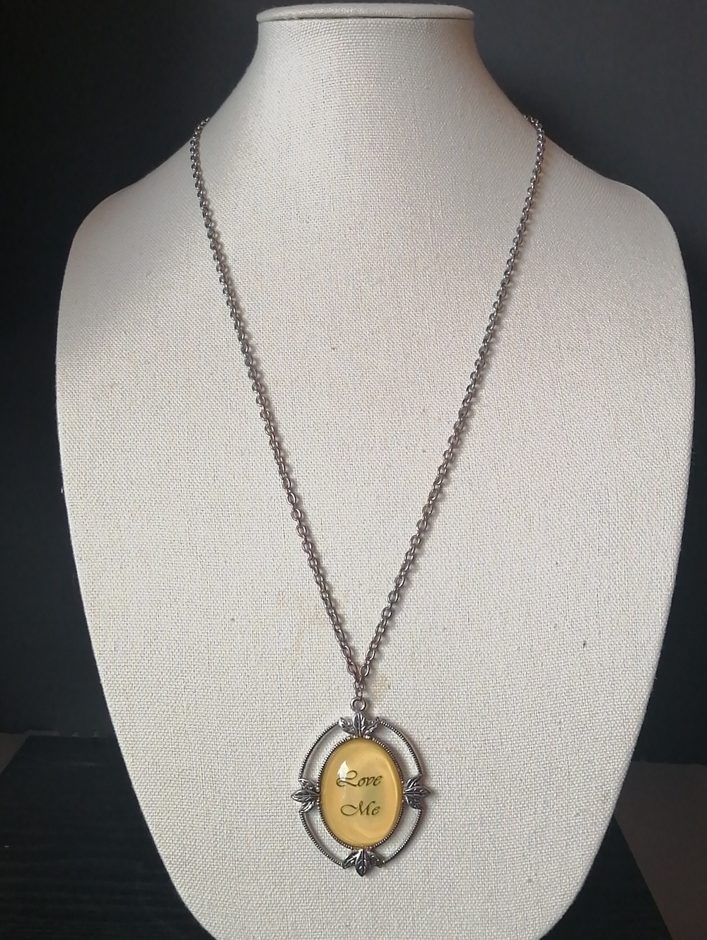 Vintage Oval Yellow Pendant Love Me Silvertone Openwork Frame Necklace